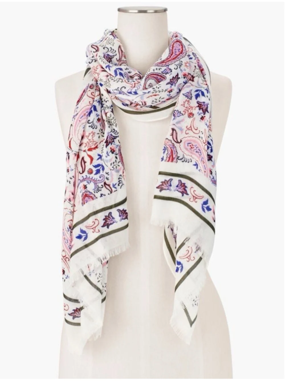 Talbots Watercolor Oblong Scarf Paisley White Blue Red Rectangle Boho Classic